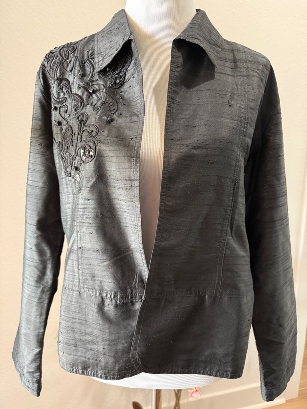 Chico's Black Open-Front Jacket with Embroidered Shoulder/back with beadwork
